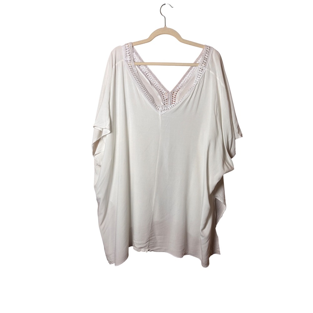 Womens Kaftan Top 3XL White Crochet Lace Trim Boho Coastal Coverup Bridal Grad